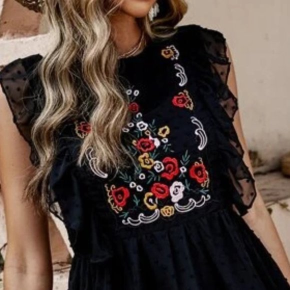 Boho Embroidery Swiss Dot Ruffle Trim Dress Black - Picture 4 of 6